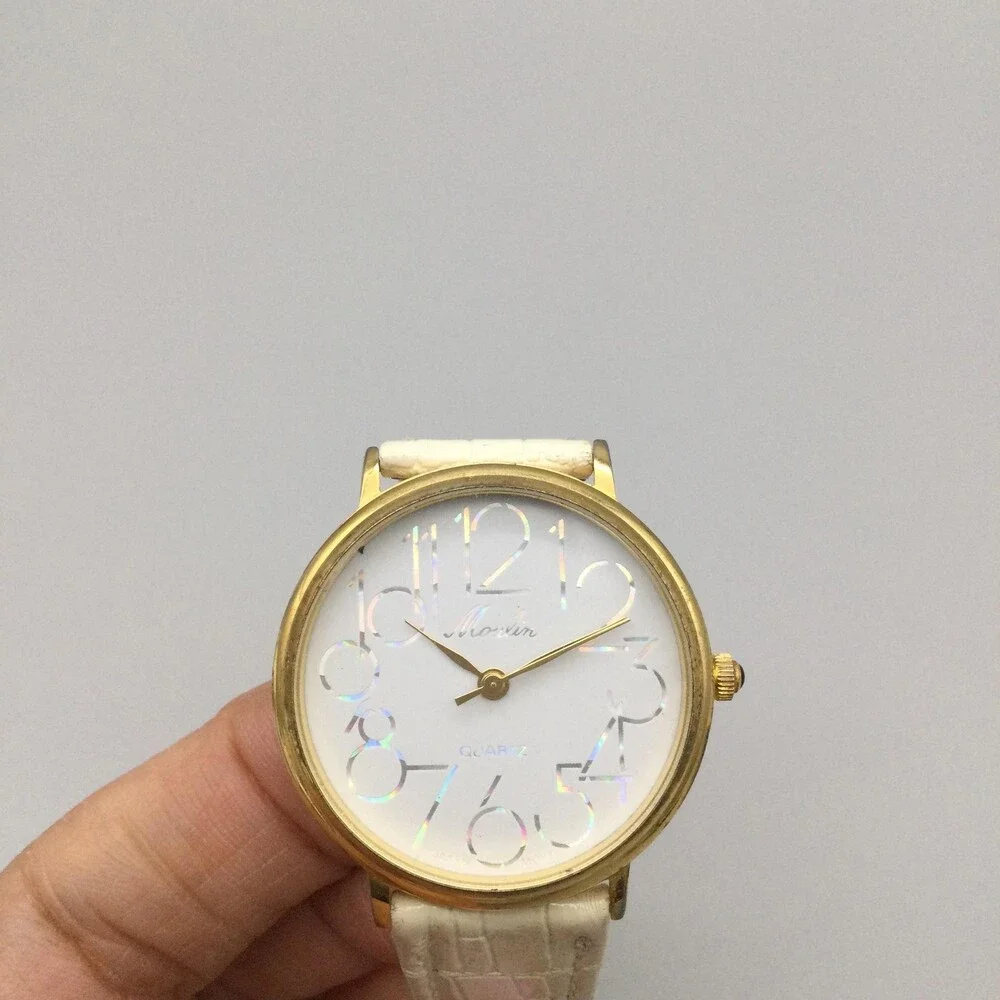 Moulin Womens Watch 32mm Gold Tone Case White Leather Strap New Battery